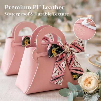 Small Gift Boxes with Bow Handle, Party Favor Boxes, 10 Pack, Pink, PU Leather for Wedding, Baby Shower, Birthday