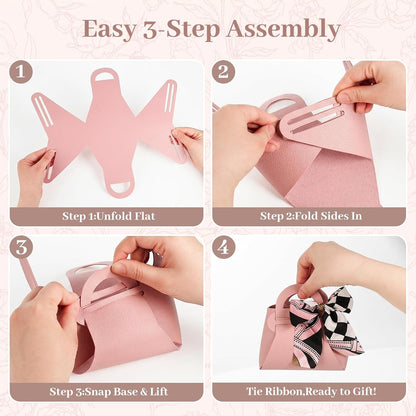 Small Gift Boxes with Bow Handle, Party Favor Boxes, 10 Pack, Pink, PU Leather for Wedding, Baby Shower, Birthday