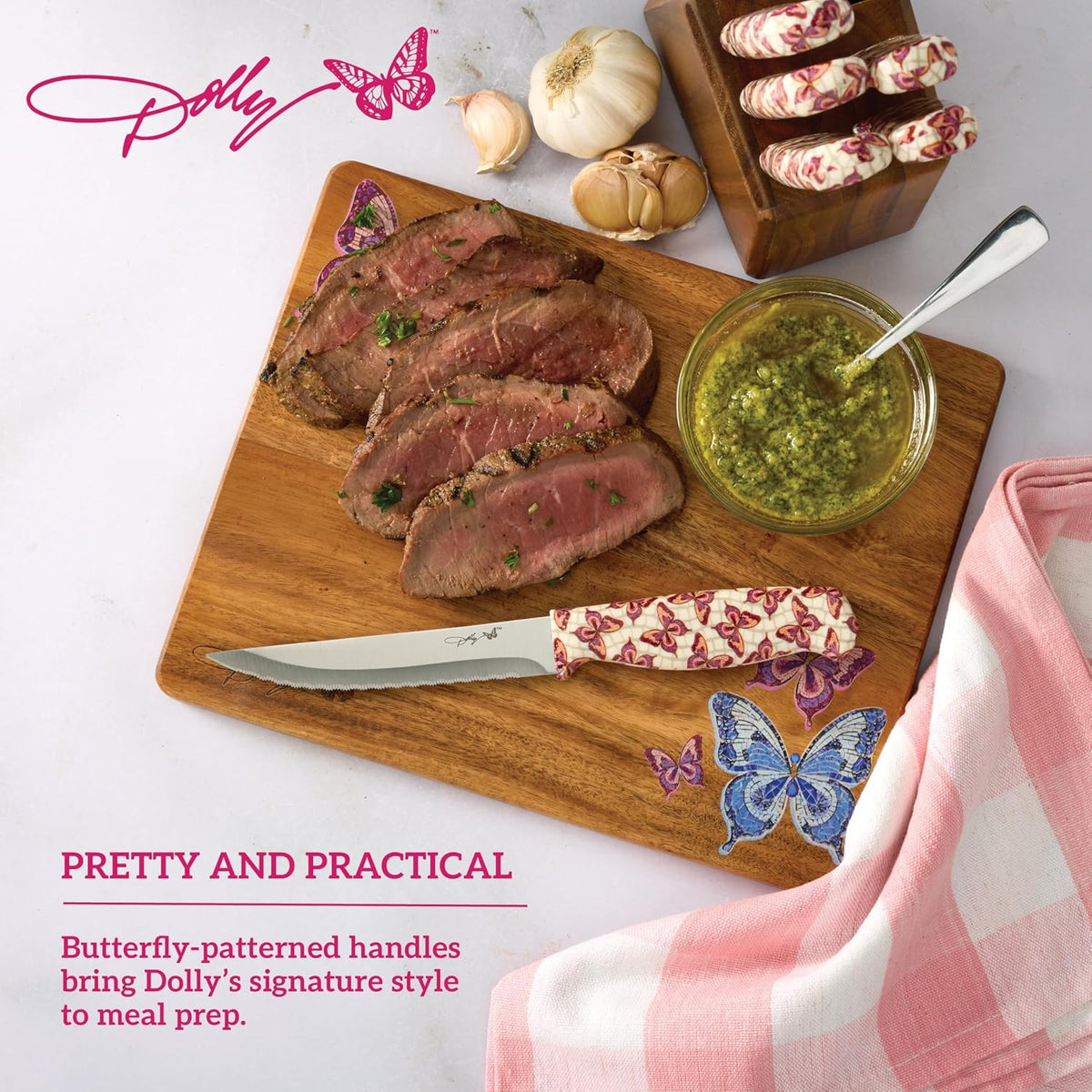 7-Piece Steak Knife Set with Pink Handles and Acacia Block for Storage