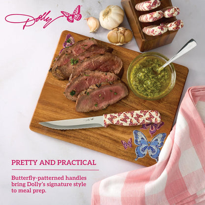7-Piece Steak Knife Set with Pink Handles and Acacia Block for Storage