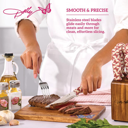 7-Piece Steak Knife Set with Pink Handles and Acacia Block for Storage