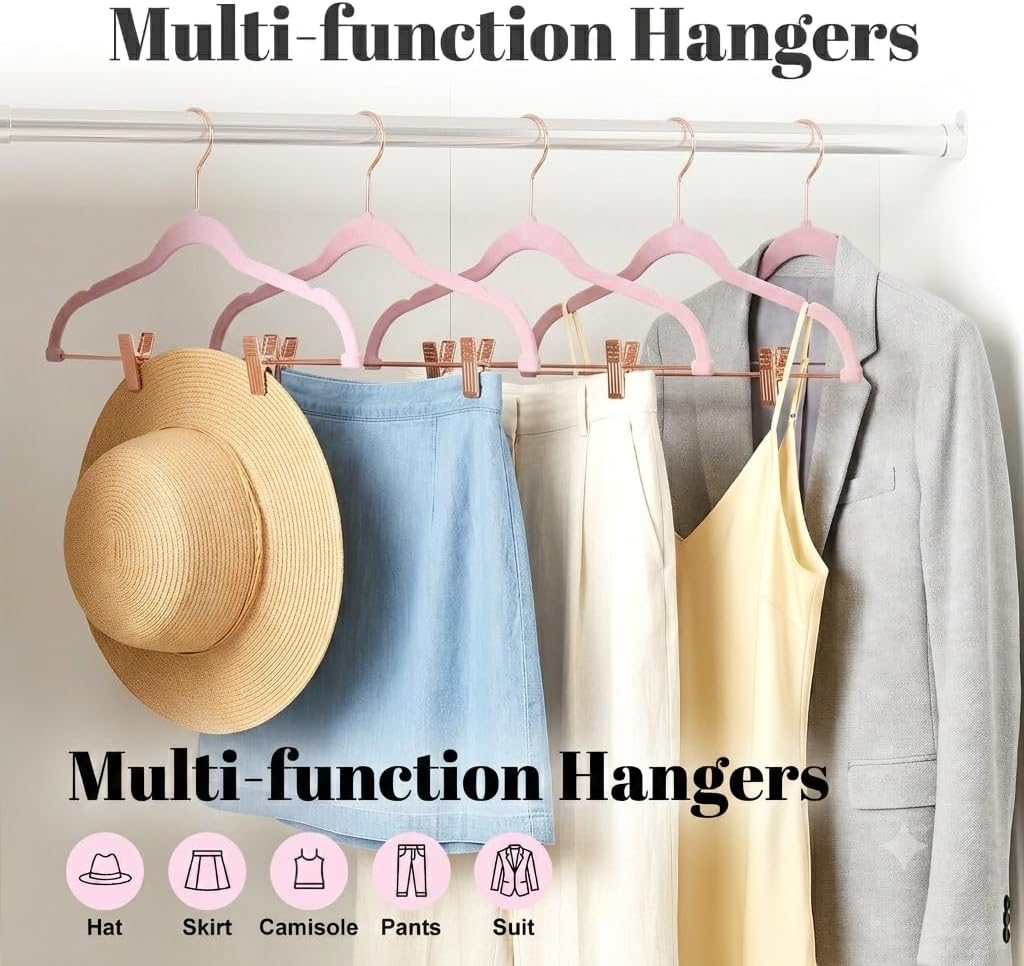 Pants Hangers with Clips 24 Pack, with Rose Gold Hook and Clips