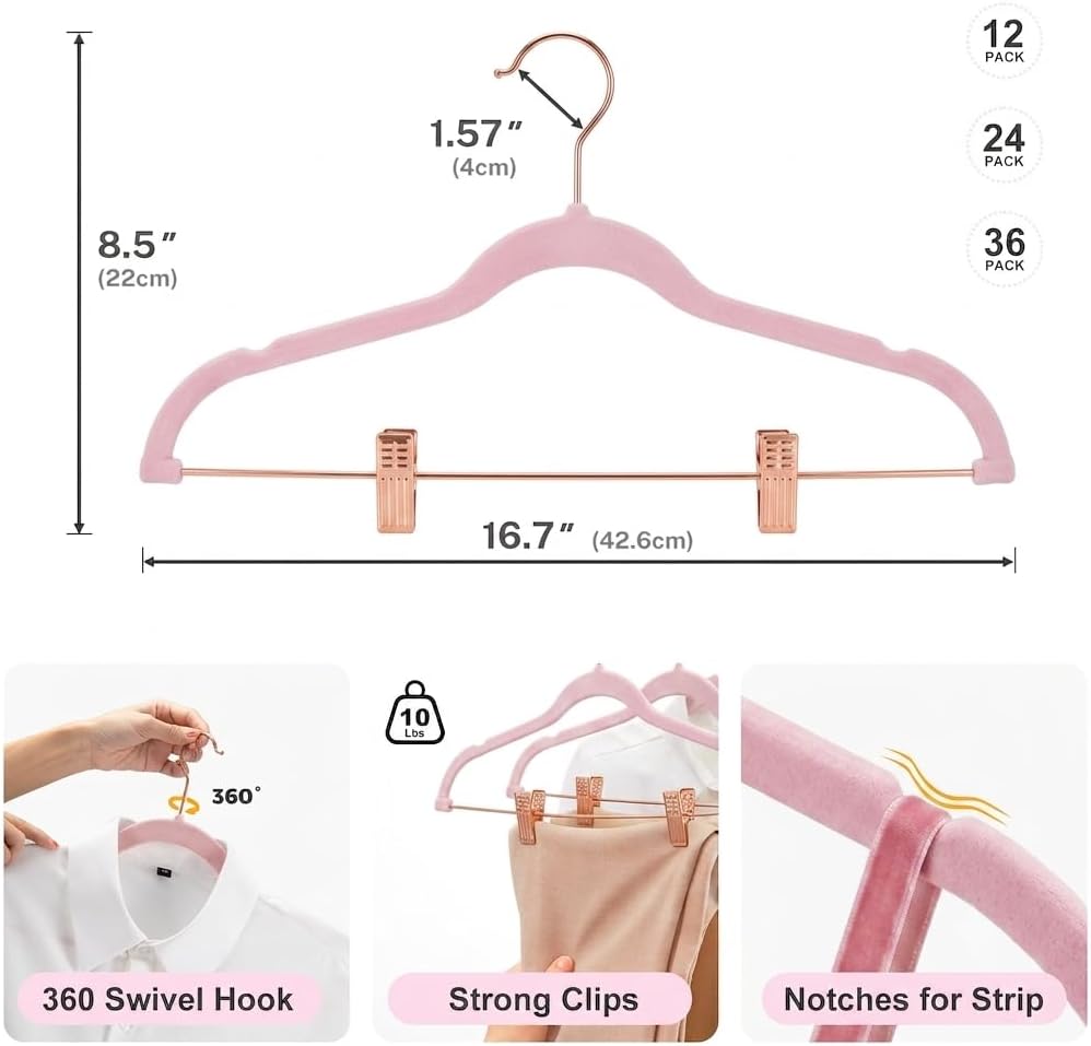 Pants Hangers with Clips 24 Pack, with Rose Gold Hook and Clips