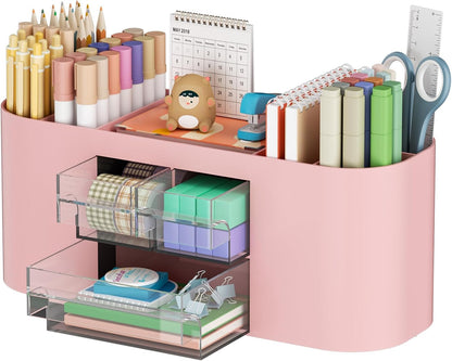 Desk Organizer Pen Holder for Desk with 3 Drawers, Multi-Functional Pencil Holder, Desk Organizers and Accessories with 7 Compartments for Home, School, Classroom(Pink)