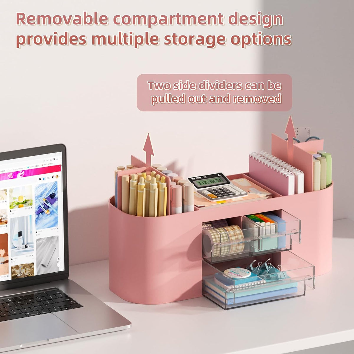 Desk Organizer Pen Holder for Desk with 3 Drawers, Multi-Functional Pencil Holder, Desk Organizers and Accessories with 7 Compartments for Home, School, Classroom(Pink)