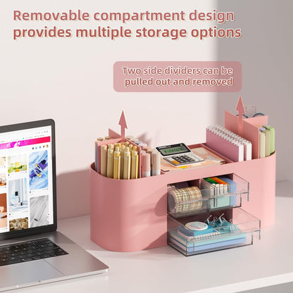 Desk Organizer Pen Holder for Desk with 3 Drawers, Multi-Functional Pencil Holder, Desk Organizers and Accessories with 7 Compartments for Home, School, Classroom(Pink)