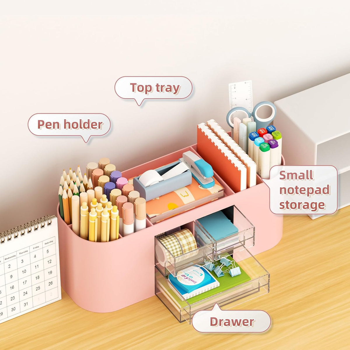 Desk Organizer Pen Holder for Desk with 3 Drawers, Multi-Functional Pencil Holder, Desk Organizers and Accessories with 7 Compartments for Home, School, Classroom(Pink)
