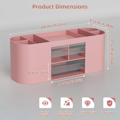 Desk Organizer Pen Holder for Desk with 3 Drawers, Multi-Functional Pencil Holder, Desk Organizers and Accessories with 7 Compartments for Home, School, Classroom(Pink)