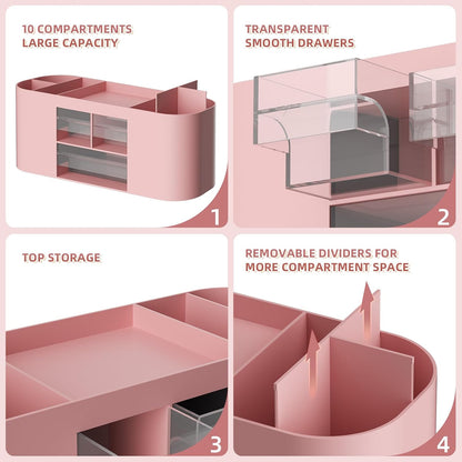 Desk Organizer Pen Holder for Desk with 3 Drawers, Multi-Functional Pencil Holder, Desk Organizers and Accessories with 7 Compartments for Home, School, Classroom(Pink)