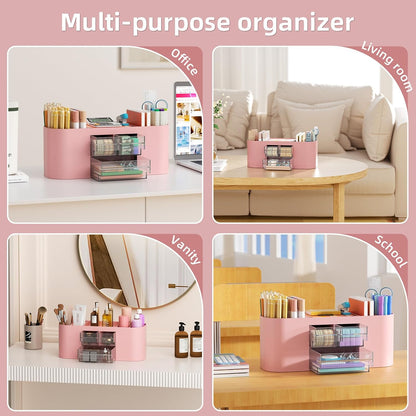 Desk Organizer Pen Holder for Desk with 3 Drawers, Multi-Functional Pencil Holder, Desk Organizers and Accessories with 7 Compartments for Home, School, Classroom(Pink)