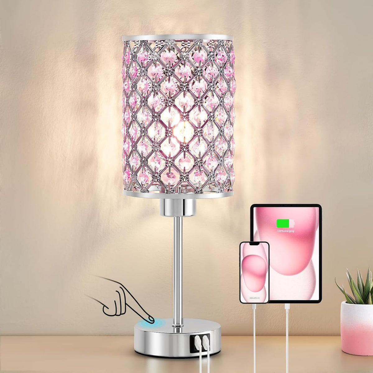 Crystal Table Lamp, Pink Touch Lamp with USB C+A Port, 3-Way Dimmable
