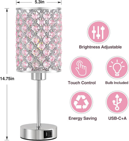 Crystal Table Lamp, Pink Touch Lamp with USB C+A Port, 3-Way Dimmable