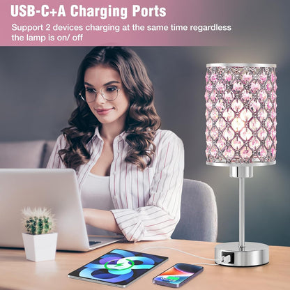Crystal Table Lamp, Pink Touch Lamp with USB C+A Port, 3-Way Dimmable
