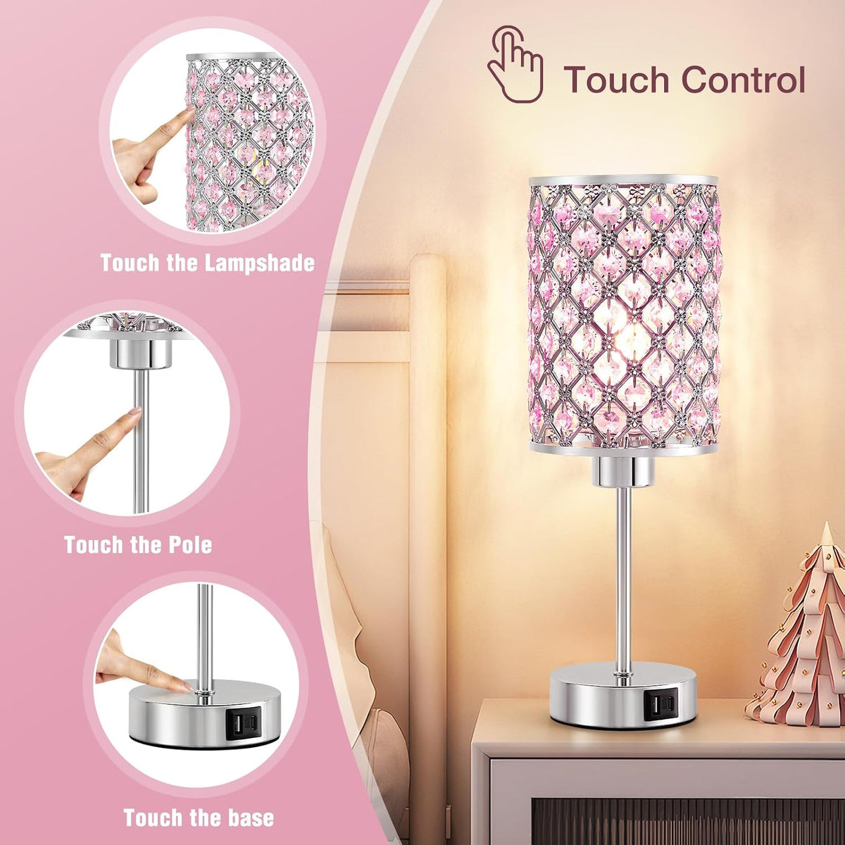 Crystal Table Lamp, Pink Touch Lamp with USB C+A Port, 3-Way Dimmable