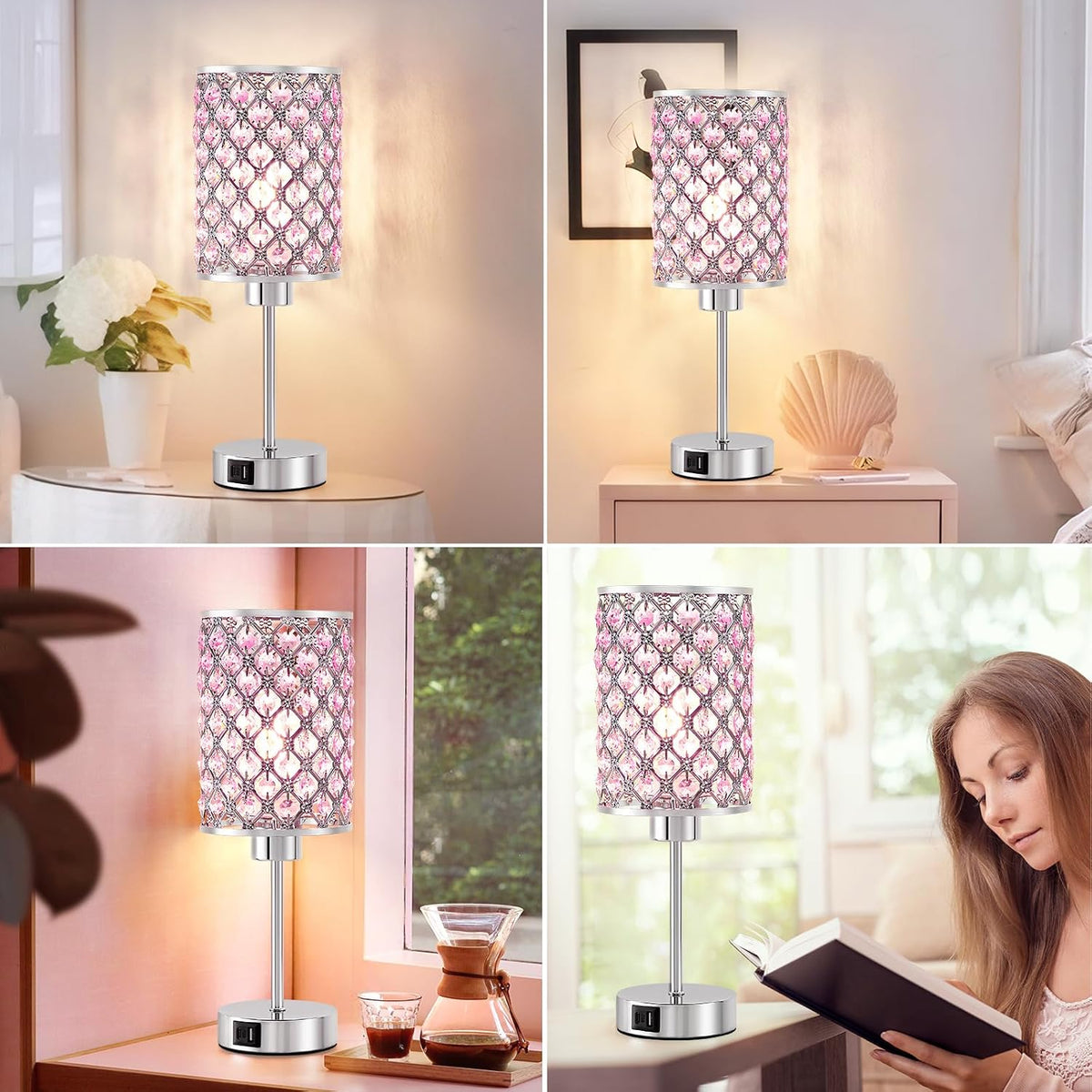 Crystal Table Lamp, Pink Touch Lamp with USB C+A Port, 3-Way Dimmable