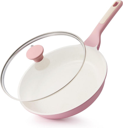 8Inch Nonstick Ceramic Frying Pan with Lid, PFAS/PTFE Free, Pink