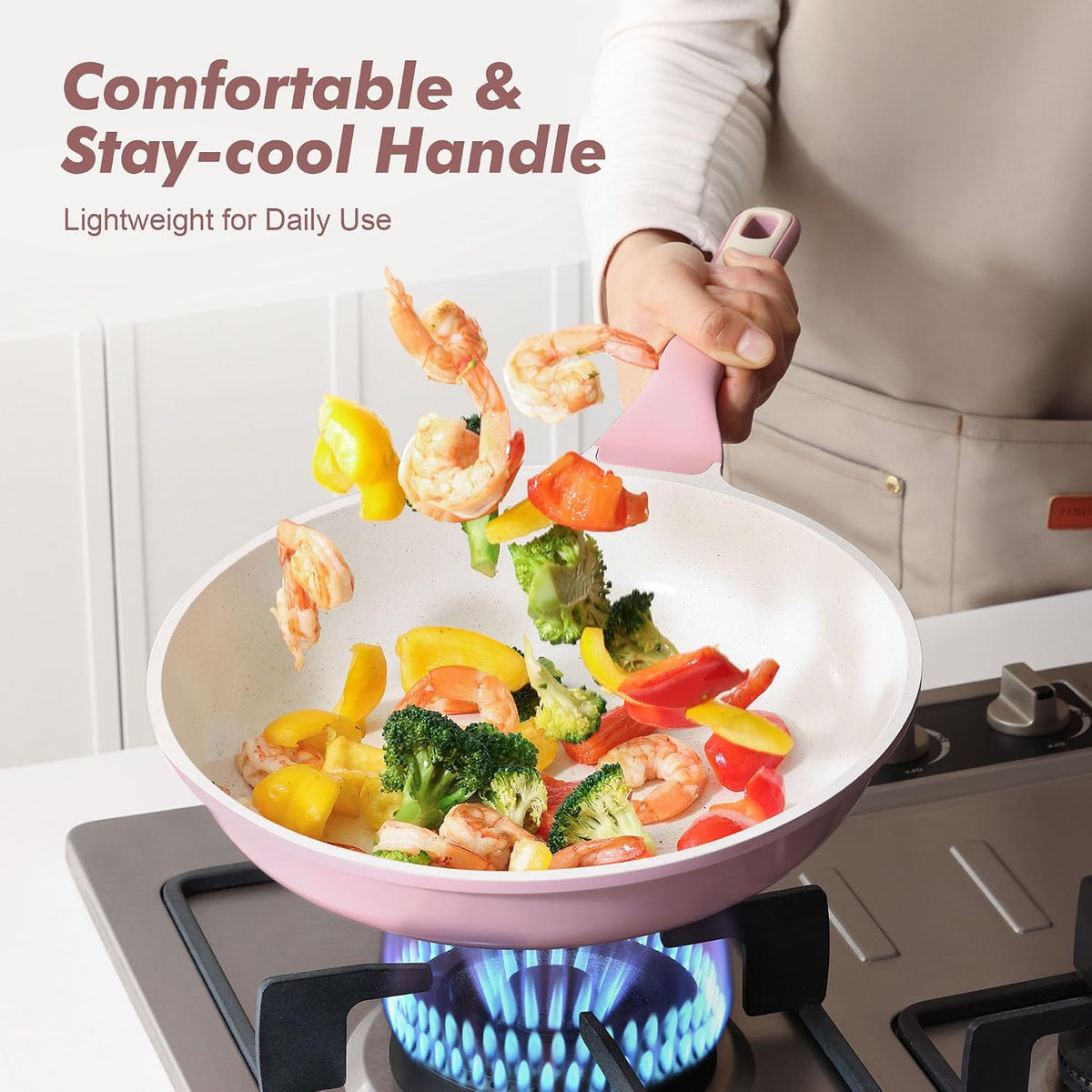 8Inch Nonstick Ceramic Frying Pan with Lid, PFAS/PTFE Free, Pink