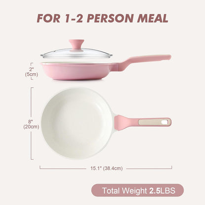 8Inch Nonstick Ceramic Frying Pan with Lid, PFAS/PTFE Free, Pink