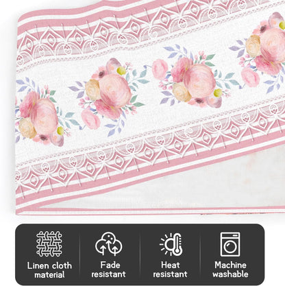 Pink Striped Printed Lace Floral Spring Table Runner, 13x72 Inch