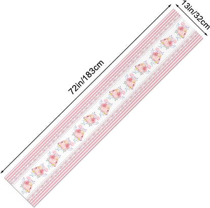 Pink Striped Printed Lace Floral Spring Table Runner, 13x72 Inch
