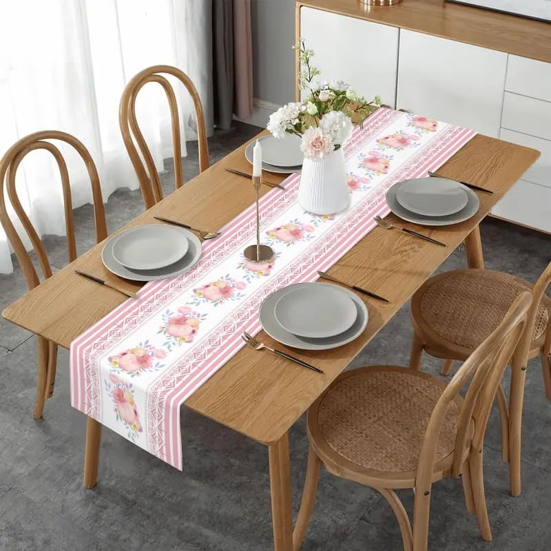 Pink Striped Printed Lace Floral Spring Table Runner, 13x72 Inch