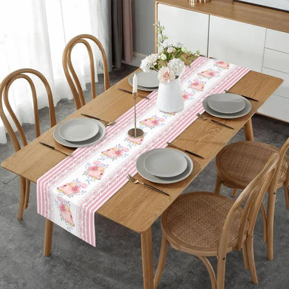 Pink Striped Printed Lace Floral Spring Table Runner, 13x72 Inch