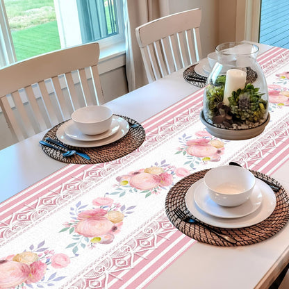 Pink Striped Printed Lace Floral Spring Table Runner, 13x72 Inch