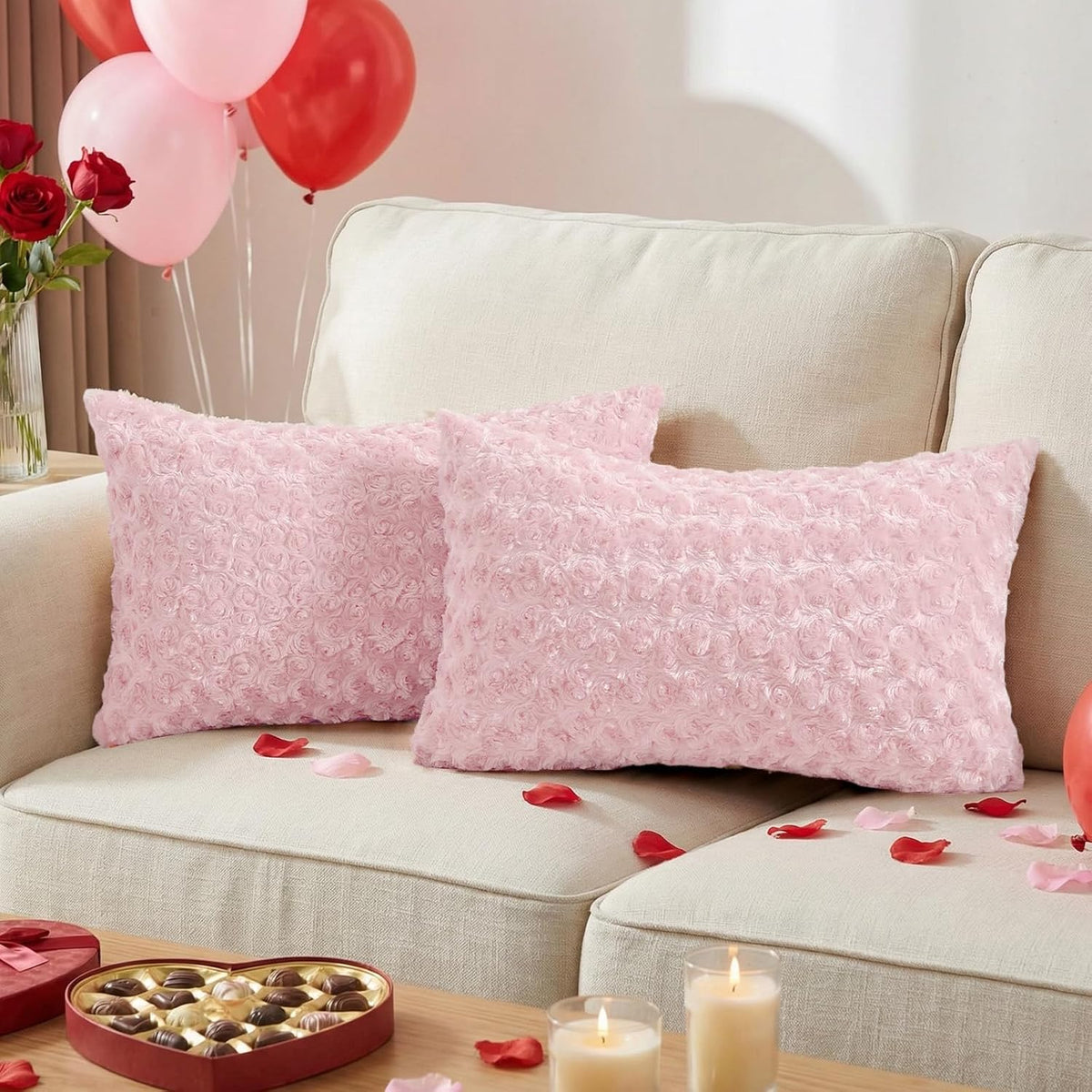 Pack of 2 Rose Textured Throw Pillow Covers 12x20 Inch, Pink