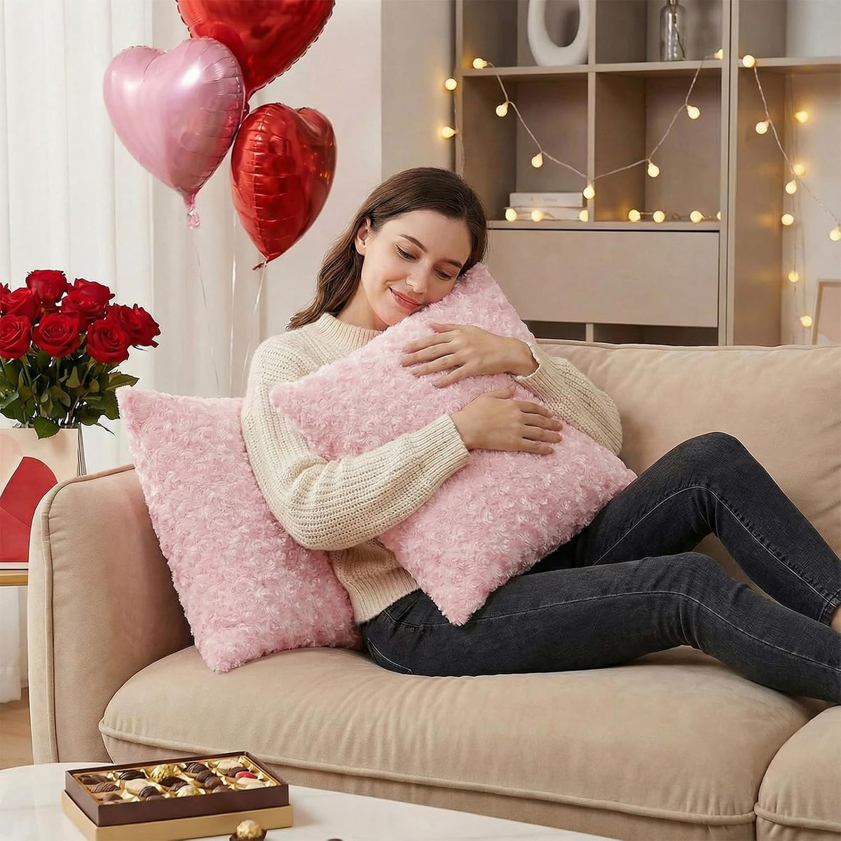 Pack of 2 Rose Textured Throw Pillow Covers 12x20 Inch, Pink