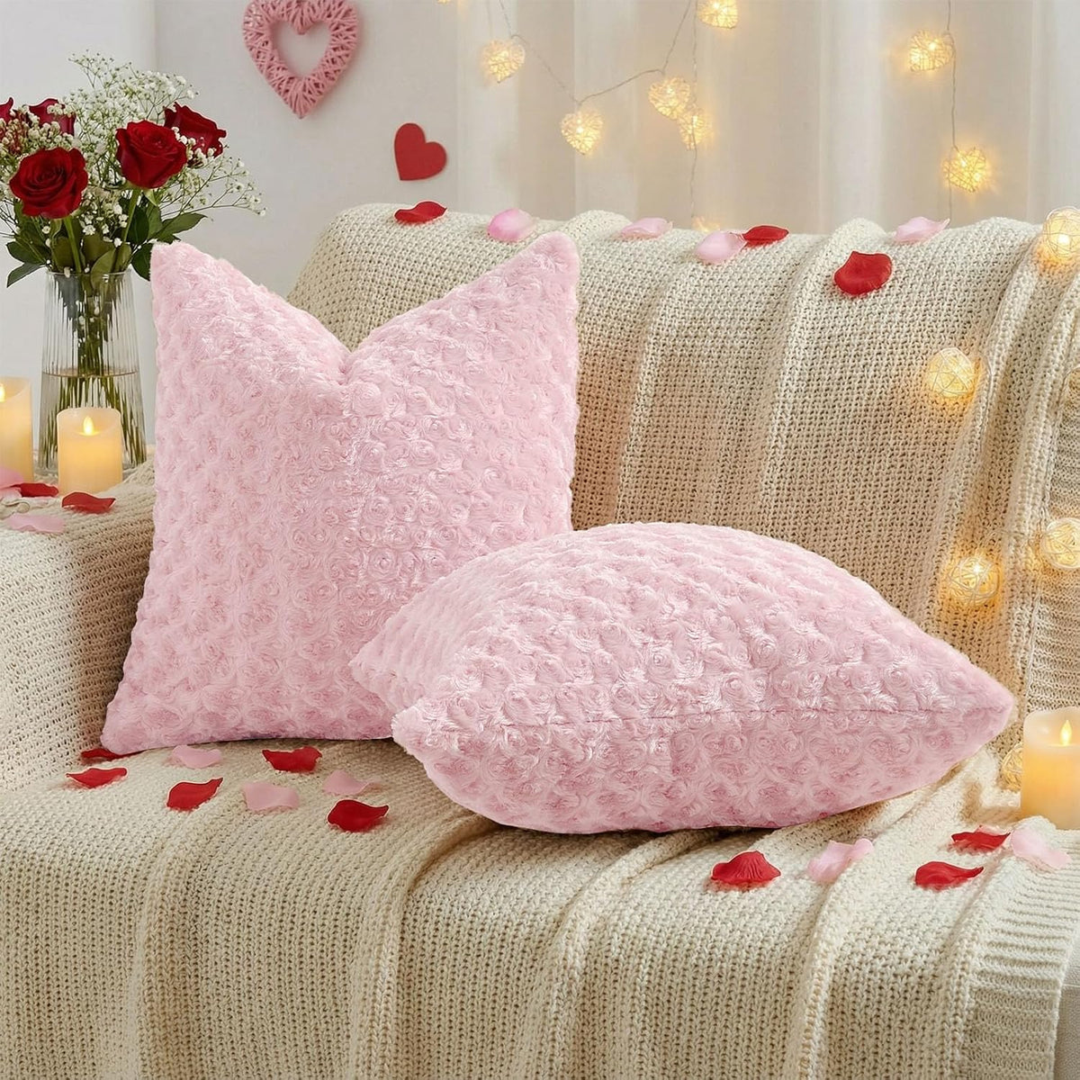 Pack of 2 Rose Textured Throw Pillow Covers 12x20 Inch, Pink