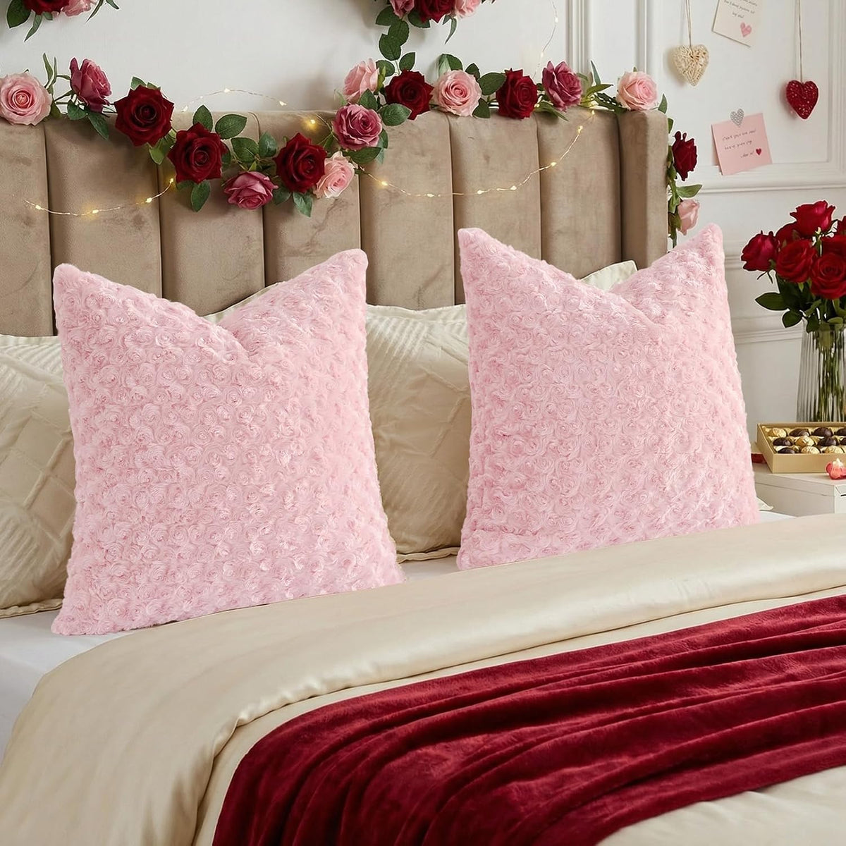 Pack of 2 Rose Textured Throw Pillow Covers 12x20 Inch, Pink