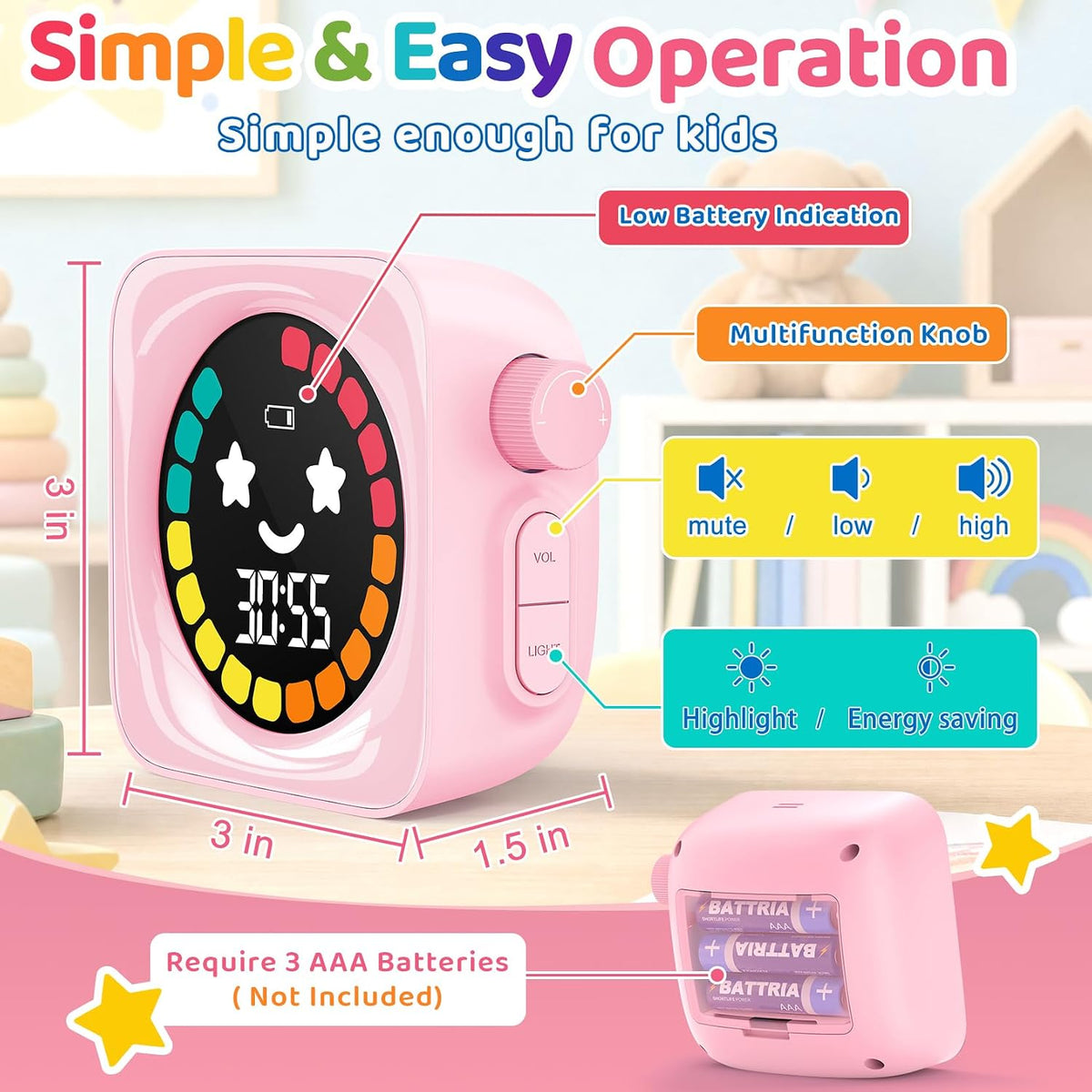Visual Timer for Kids, 99 Minute Digital Cute Kids Visual Timer Classroom Timer for Homeschool Supplies Study Teaching Time Management Tool Countdown Productivity Timer, Pink, Colorful Display
