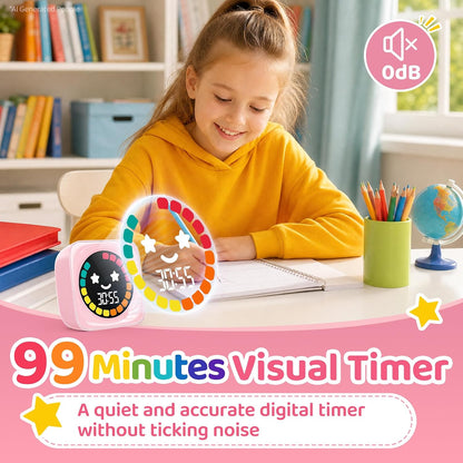 Visual Timer for Kids, 99 Minute Digital Cute Kids Visual Timer Classroom Timer for Homeschool Supplies Study Teaching Time Management Tool Countdown Productivity Timer, Pink, Colorful Display