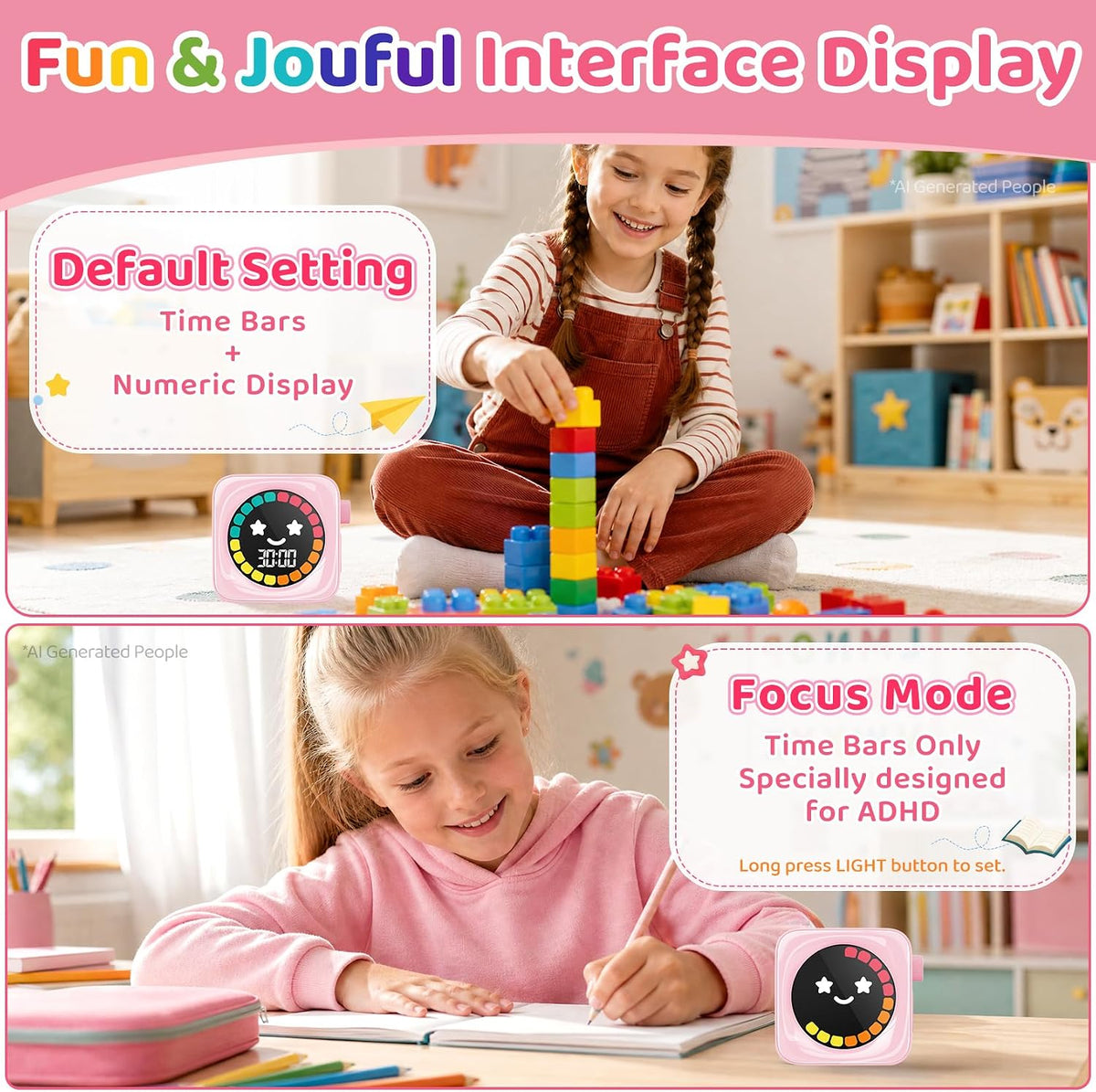Visual Timer for Kids, 99 Minute Digital Cute Kids Visual Timer Classroom Timer for Homeschool Supplies Study Teaching Time Management Tool Countdown Productivity Timer, Pink, Colorful Display