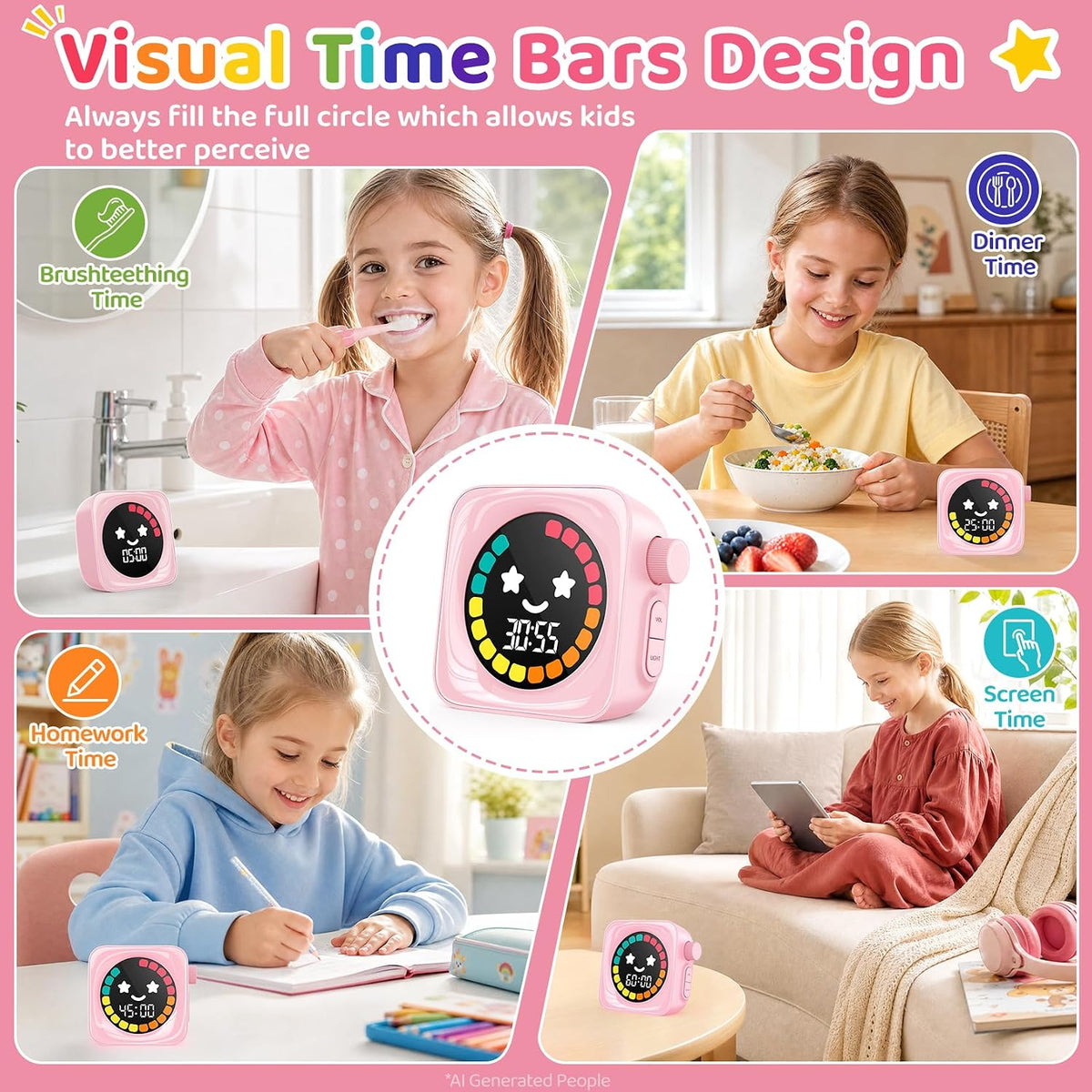 Visual Timer for Kids, 99 Minute Digital Cute Kids Visual Timer Classroom Timer for Homeschool Supplies Study Teaching Time Management Tool Countdown Productivity Timer, Pink, Colorful Display
