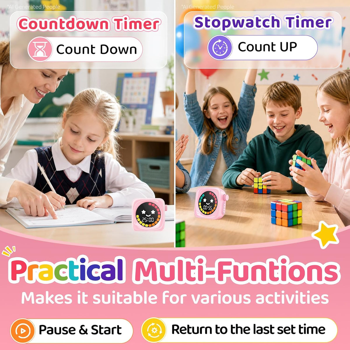 Visual Timer for Kids, 99 Minute Digital Cute Kids Visual Timer Classroom Timer for Homeschool Supplies Study Teaching Time Management Tool Countdown Productivity Timer, Pink, Colorful Display
