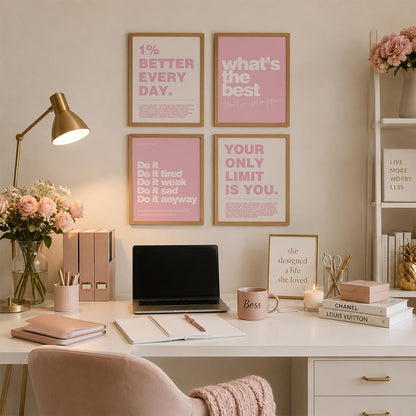 Pink Motivational Inspirational Office Wall Art Decor Prints 4Pcs
