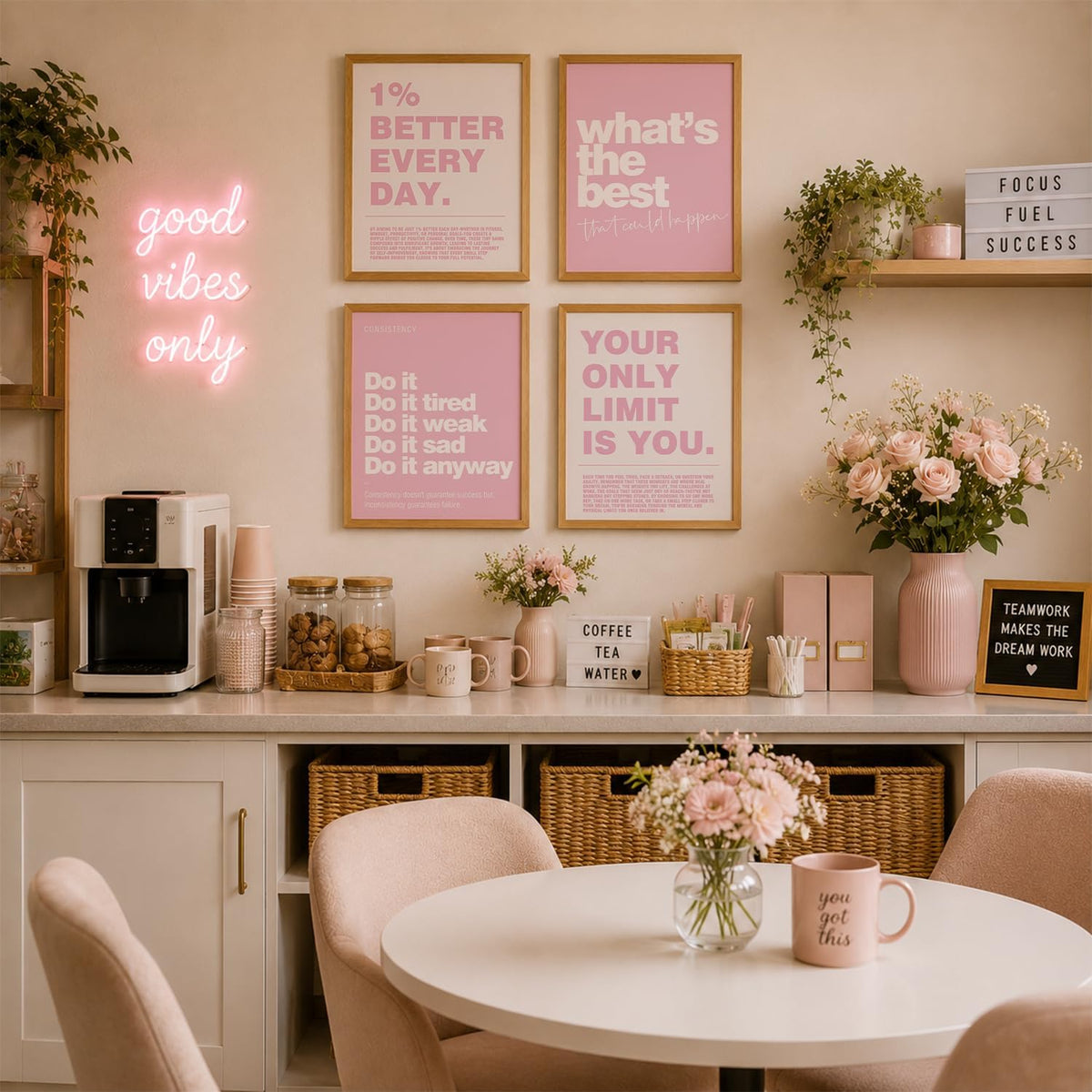 Pink Motivational Inspirational Office Wall Art Decor Prints 4Pcs