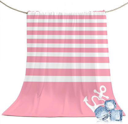 Cooling Blanket 50"x60", White Nautical Anchor on Pink Summer Cooling Blanket Breathable Lightweight Ice Blankets Classic Geometric Striped Blankets for Night Sweats