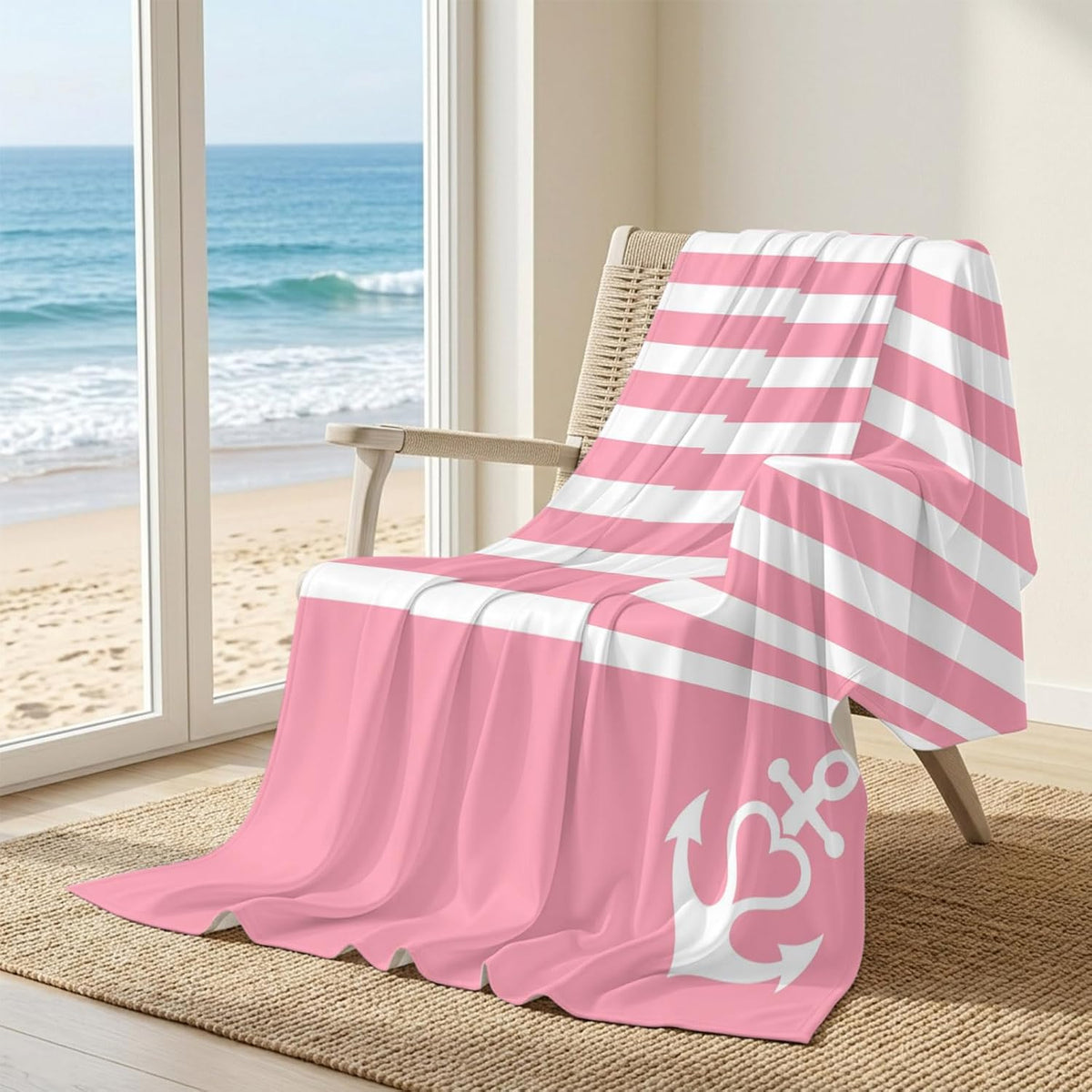 Cooling Blanket 50"x60", White Nautical Anchor on Pink Summer Cooling Blanket Breathable Lightweight Ice Blankets Classic Geometric Striped Blankets for Night Sweats