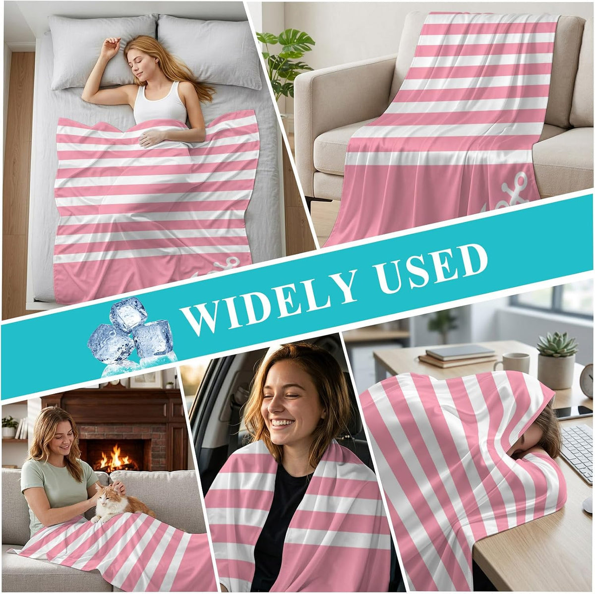 Cooling Blanket 50"x60", White Nautical Anchor on Pink Summer Cooling Blanket Breathable Lightweight Ice Blankets Classic Geometric Striped Blankets for Night Sweats