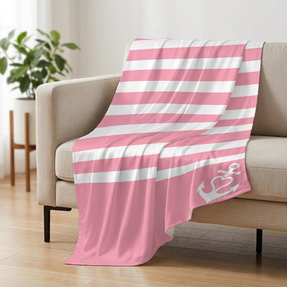 Cooling Blanket 50"x60", White Nautical Anchor on Pink Summer Cooling Blanket Breathable Lightweight Ice Blankets Classic Geometric Striped Blankets for Night Sweats