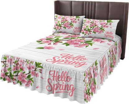 Ruffle Skirt Bedspread for Full Size Bed Hello Spring Peach Blossom Floral 3 Piece Bedding Cover with Pillow Sham,18In Drop Bedskirt Coverlet for Bedroom Dorm Pink Flower Rustic Wood Grain