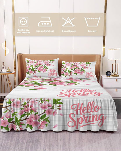 Ruffle Skirt Bedspread for Full Size Bed Hello Spring Peach Blossom Floral 3 Piece Bedding Cover with Pillow Sham,18In Drop Bedskirt Coverlet for Bedroom Dorm Pink Flower Rustic Wood Grain