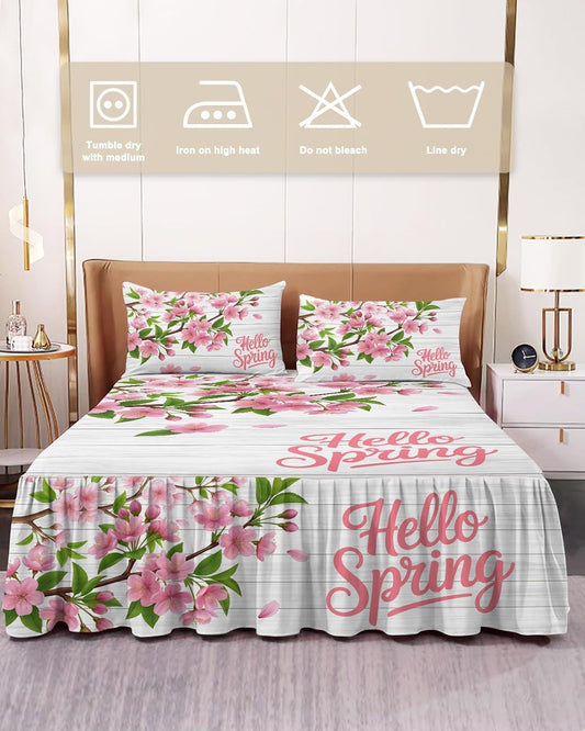 Ruffle Skirt Bedspread for Full Size Bed Hello Spring Peach Blossom Floral 3 Piece Bedding Cover with Pillow Sham,18In Drop Bedskirt Coverlet for Bedroom Dorm Pink Flower Rustic Wood Grain