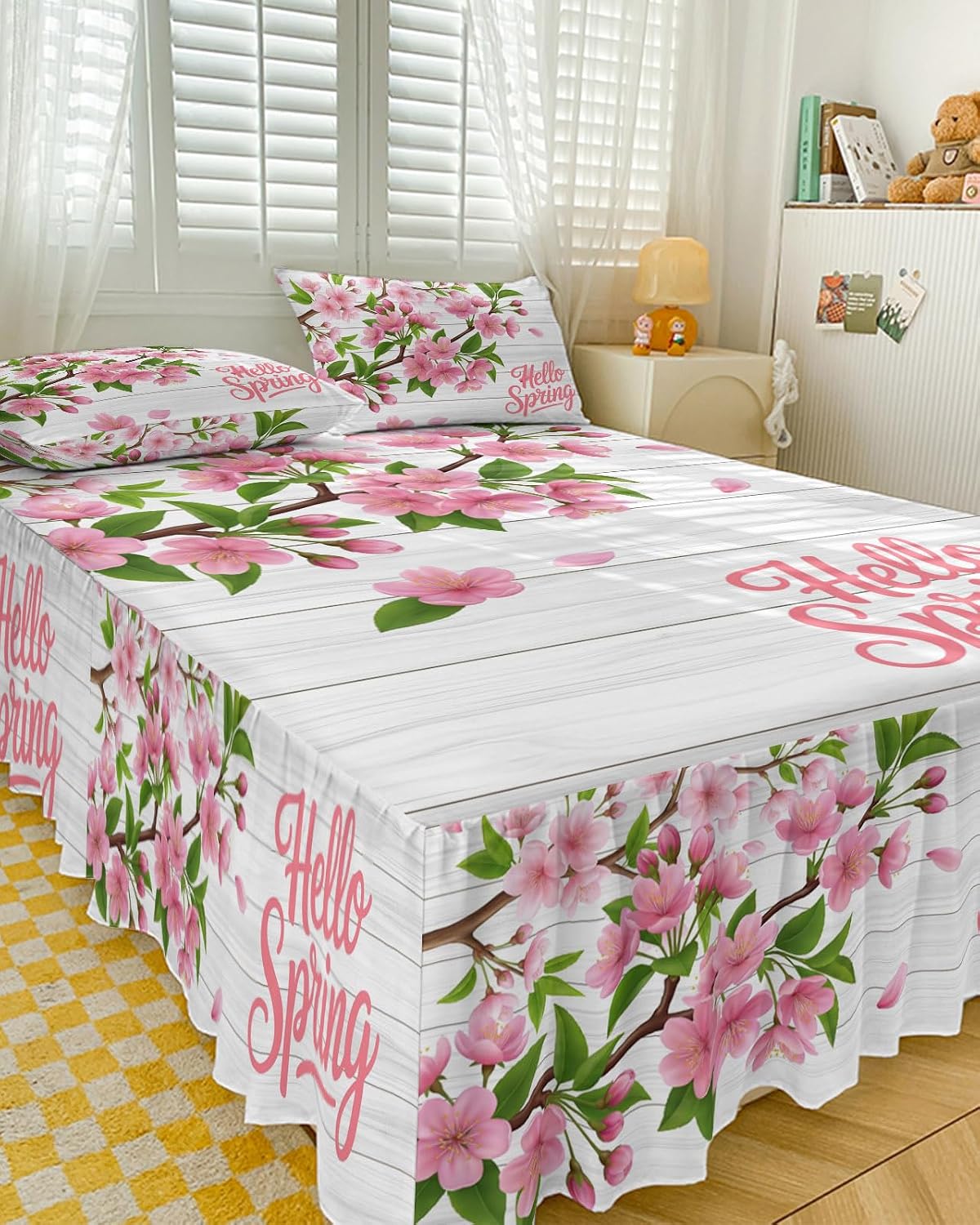 Ruffle Skirt Bedspread for Full Size Bed Hello Spring Peach Blossom Floral 3 Piece Bedding Cover with Pillow Sham,18In Drop Bedskirt Coverlet for Bedroom Dorm Pink Flower Rustic Wood Grain