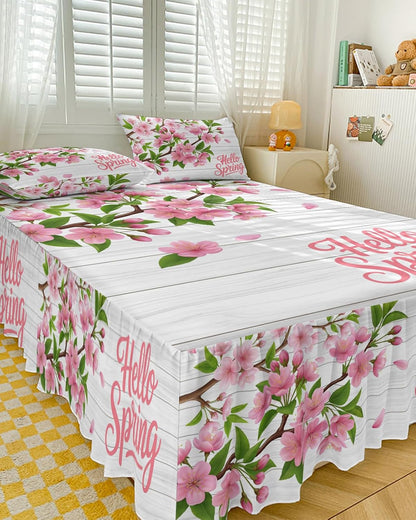 Ruffle Skirt Bedspread for Full Size Bed Hello Spring Peach Blossom Floral 3 Piece Bedding Cover with Pillow Sham,18In Drop Bedskirt Coverlet for Bedroom Dorm Pink Flower Rustic Wood Grain