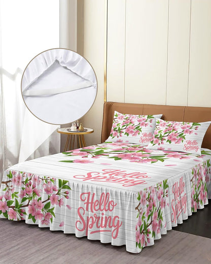 Ruffle Skirt Bedspread for Full Size Bed Hello Spring Peach Blossom Floral 3 Piece Bedding Cover with Pillow Sham,18In Drop Bedskirt Coverlet for Bedroom Dorm Pink Flower Rustic Wood Grain