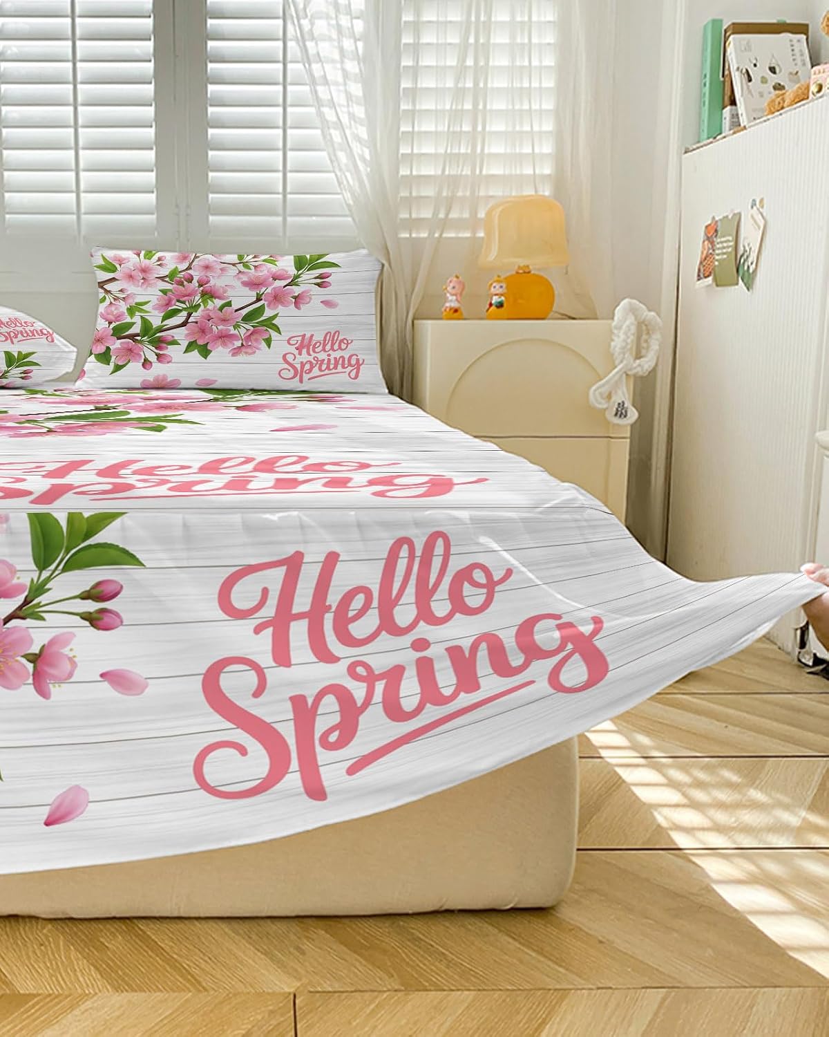 Ruffle Skirt Bedspread for Full Size Bed Hello Spring Peach Blossom Floral 3 Piece Bedding Cover with Pillow Sham,18In Drop Bedskirt Coverlet for Bedroom Dorm Pink Flower Rustic Wood Grain