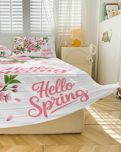 Ruffle Skirt Bedspread for Full Size Bed Hello Spring Peach Blossom Floral 3 Piece Bedding Cover with Pillow Sham,18In Drop Bedskirt Coverlet for Bedroom Dorm Pink Flower Rustic Wood Grain